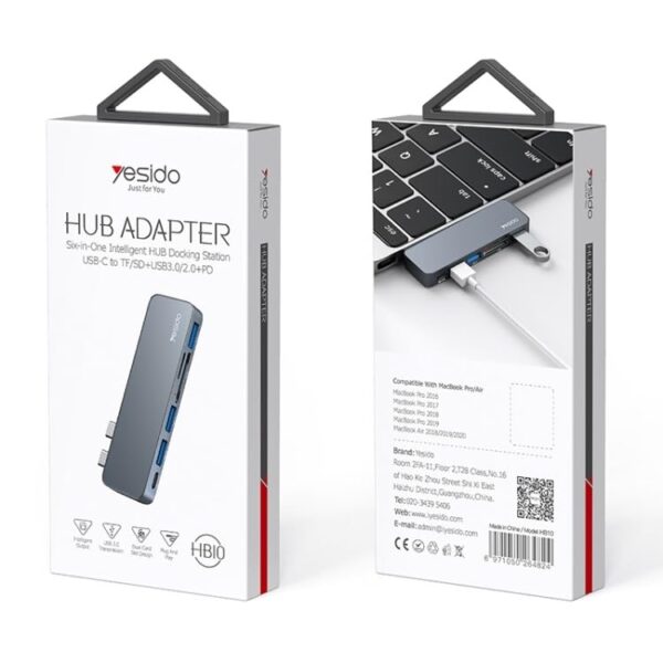 YESIDO HB10 Dual Type-c Hub Splitter 6-in-1 Usb3.0 Tf/memord Card Reader Pd Adapter Notebook Docking Station