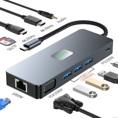 USB C Hub, Docking Station USB-C Adapter 11-in-1 Multiport Multiple Plug Splitter for MacBook Pro Air M1, 4K 60Hz HDMI, 3 USB 3.2 10Gbps, VGA, Ethernet LAN,…