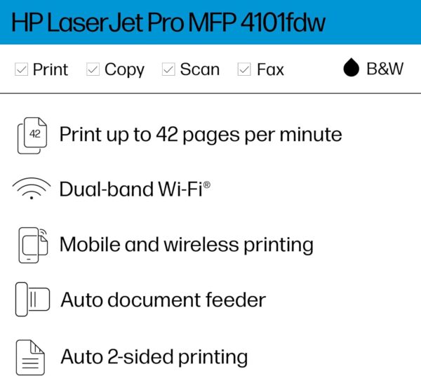 HP LaserJet Pro MFP 4101fdw Wireless Black & White All-in-One Laser Printer, Scanner, Copier, Fax, Best-for-Office (2Z619F) - Image 3