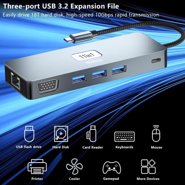 USB C Hub, Docking Station USB-C Adapter 11-in-1 Multiport Multiple Plug Splitter for MacBook Pro Air M1, 4K 60Hz HDMI, 3 USB 3.2 10Gbps, VGA, Ethernet LAN,... - Image 8
