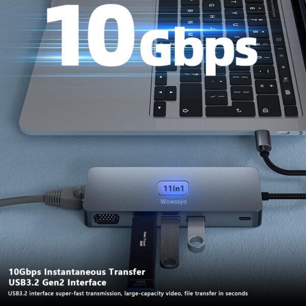 USB C Hub, Docking Station USB-C Adapter 11-in-1 Multiport Multiple Plug Splitter for MacBook Pro Air M1, 4K 60Hz HDMI, 3 USB 3.2 10Gbps, VGA, Ethernet LAN,... - Image 4
