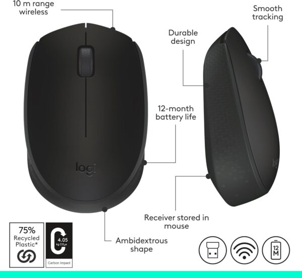 Logitech M170 Wireless Mouse for PC, Mac, Laptop, 2.4 GHz with USB Mini Receiver, Optical Tracking, 12-Months Battery Life, Ambidextrous - Black - Image 4